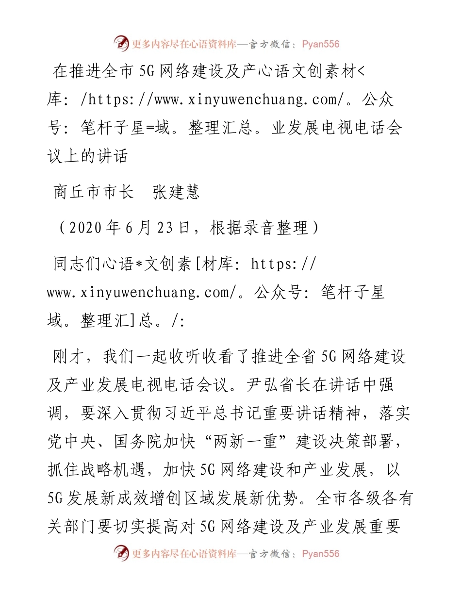 范文系列488商丘市市长张建慧：在推进全市5G网络建设及产业发展电视电话会议上的讲话.docx_第1页