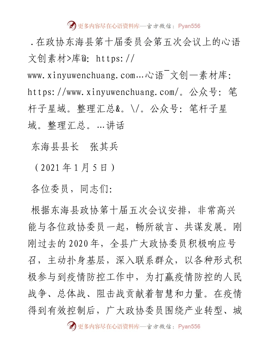 范文系列1059东海县县长张其兵：在政协东海县第十届委员会第五次会议上的讲话.docx_第1页