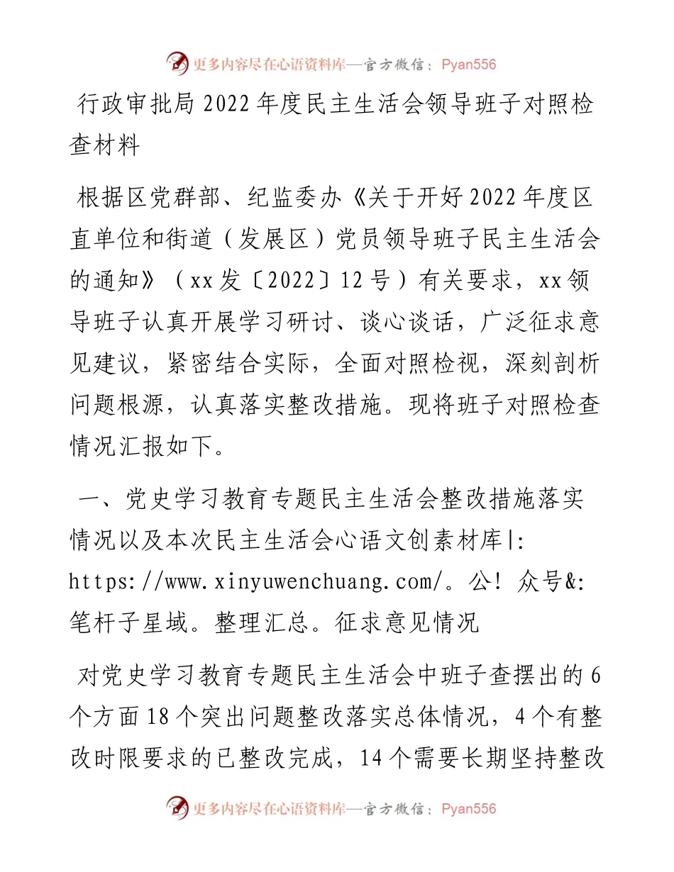 行政审批局度民主生活会领导班子对照检查材料.docx_第1页