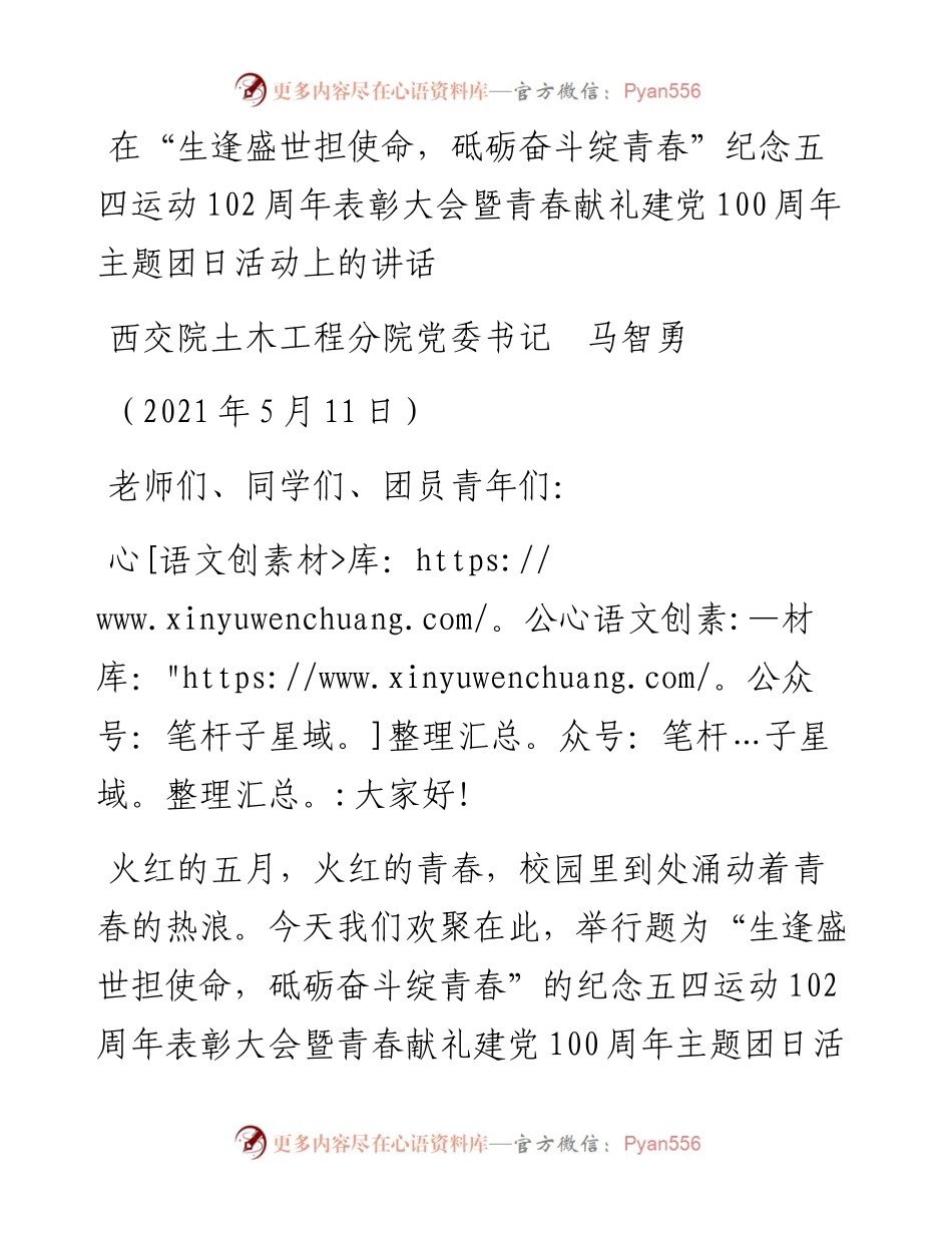 范文系列1530西交院土木工程分院党委书记马智勇：在“生逢盛世担使命，砥砺奋斗绽青春”纪念五四运动102周年表彰大会暨青春献礼建党100周年主题团日活动上的讲话.docx_第1页