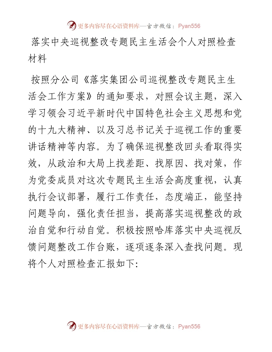 落实中央巡视整改专题民主生活会个人对照检查材料.docx_第1页
