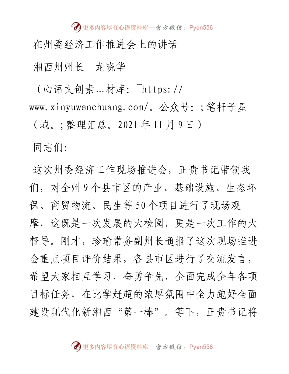 范文系列2724湘西州州长龙晓华：在州委经济工作推进会上的讲话.docx_第1页