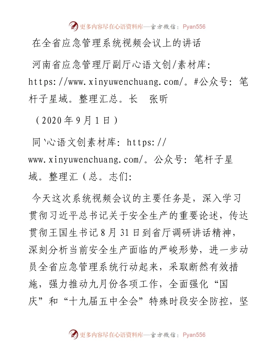 范文系列647河南省应急管理厅副厅长张昕：在全省应急管理系统视频会议上的讲话.docx_第1页