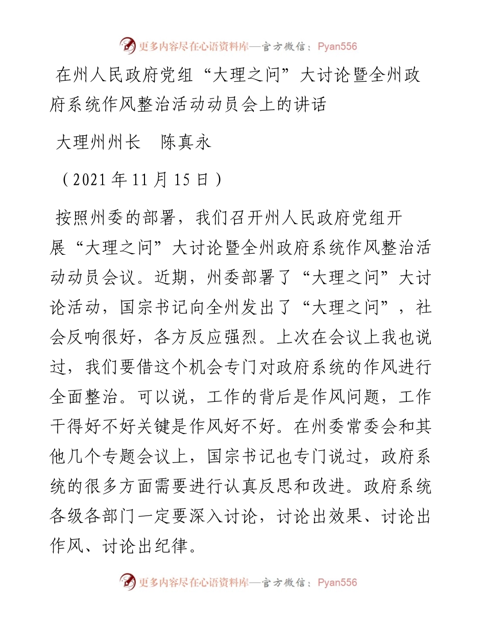 范文系列2563大理州州长陈真永：在州人民政府党组“大理之问”大讨论暨全州政府系统作风整治活动动员会上的讲话.docx_第1页