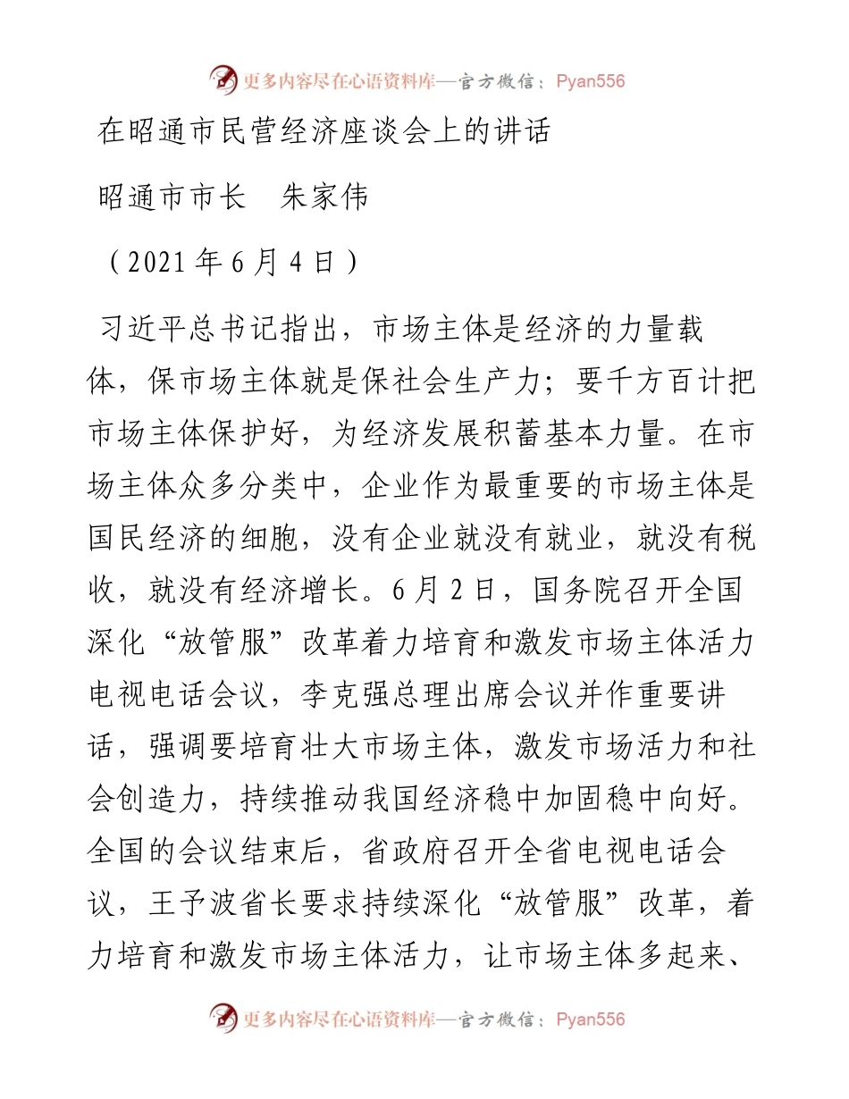 范文系列1827昭通市市长朱家伟：在昭通市民营经济座谈会上的讲话.docx_第1页