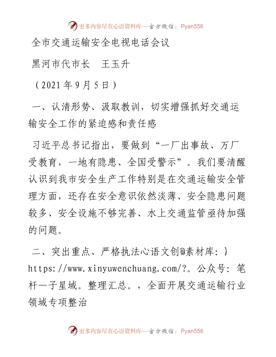 范文系列2104黑河市代市长王玉升：全市交通运输安全电视电话会议.docx_第1页