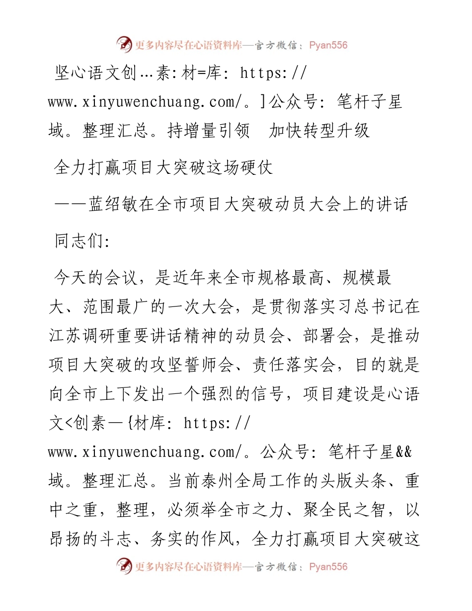 蓝绍敏在全市项目大突破动员大会上的讲话.docx_第1页