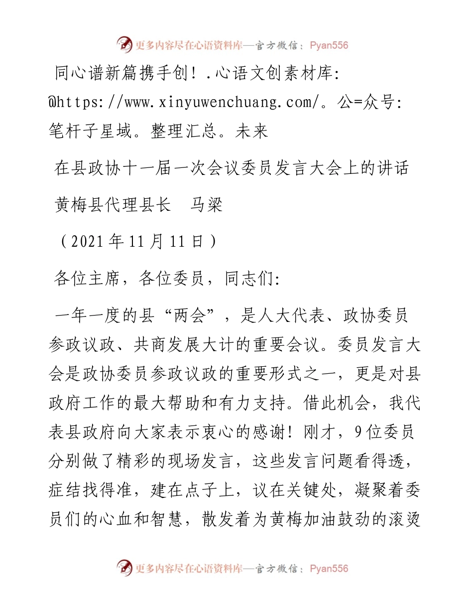 范文系列2707黄梅县代理县长马梁：在县政协十一届一次会议委员发言大会上的讲话.docx_第1页