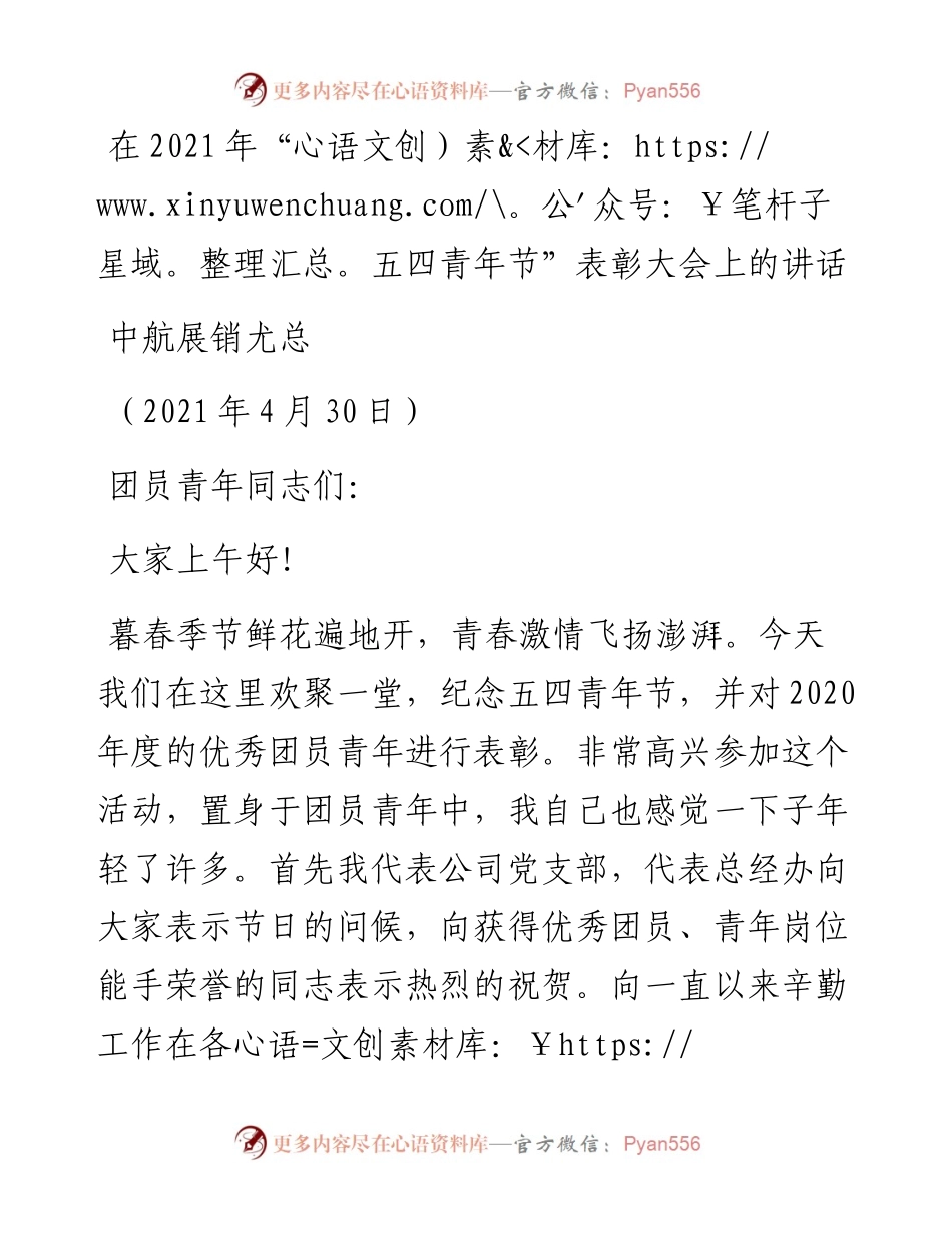 范文系列1504中航展销尤总：在“五四青年节”表彰大会上的讲话.docx_第1页