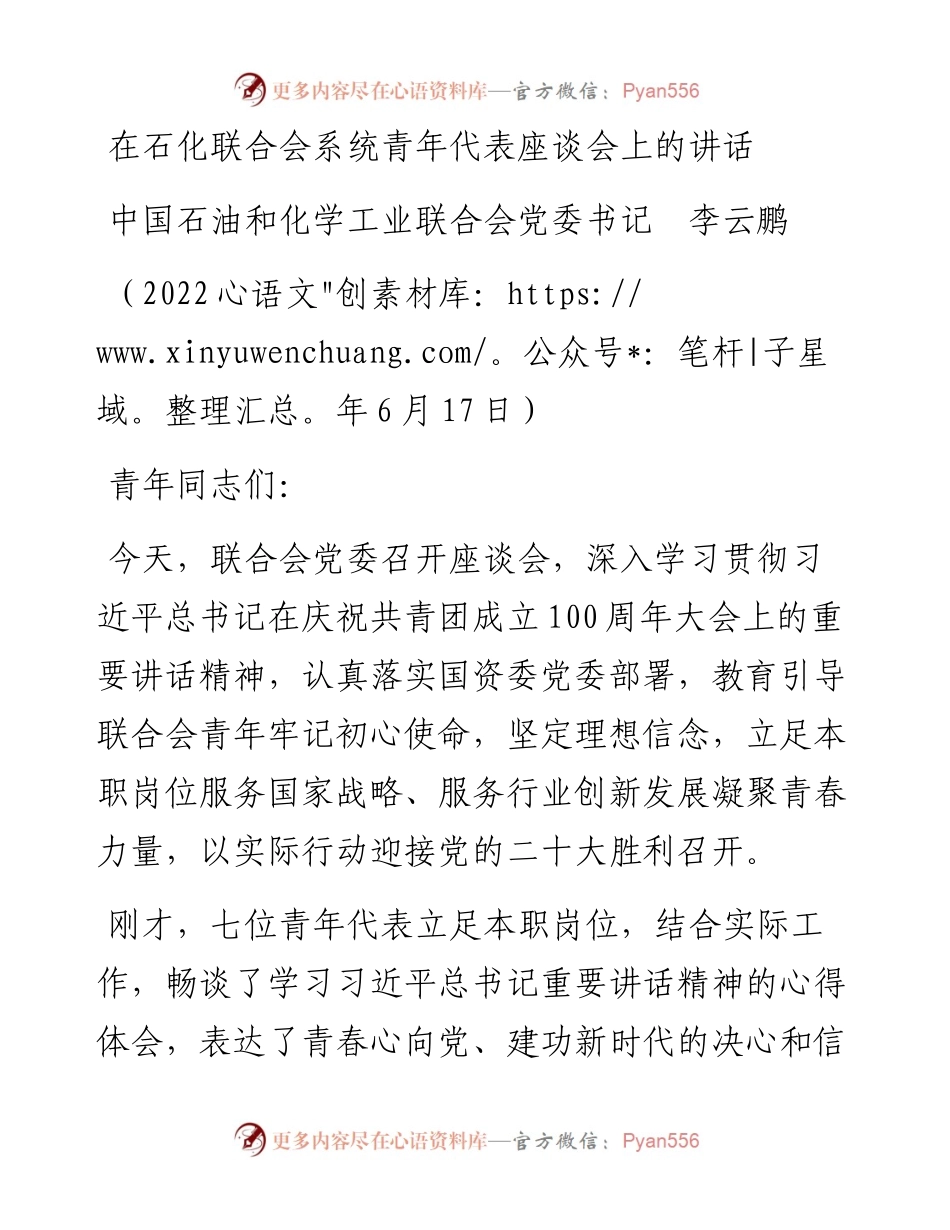 范文系列4047中国石油和化学工业联合会党委书记李云鹏：在石化联合会系统青年代表座谈会上的讲话.docx_第1页