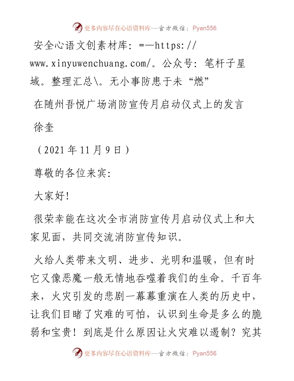 范文系列2683徐奎：在随州吾悦广场消防宣传月启动仪式上的发言.docx_第1页