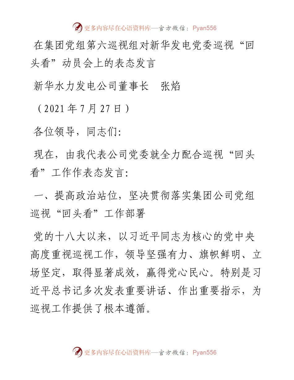 范文系列1952新华水力发电公司董事长张焰：在集团党组第六巡视组对新华发电党委巡视“回头看”动员会上的表态发言.docx_第1页