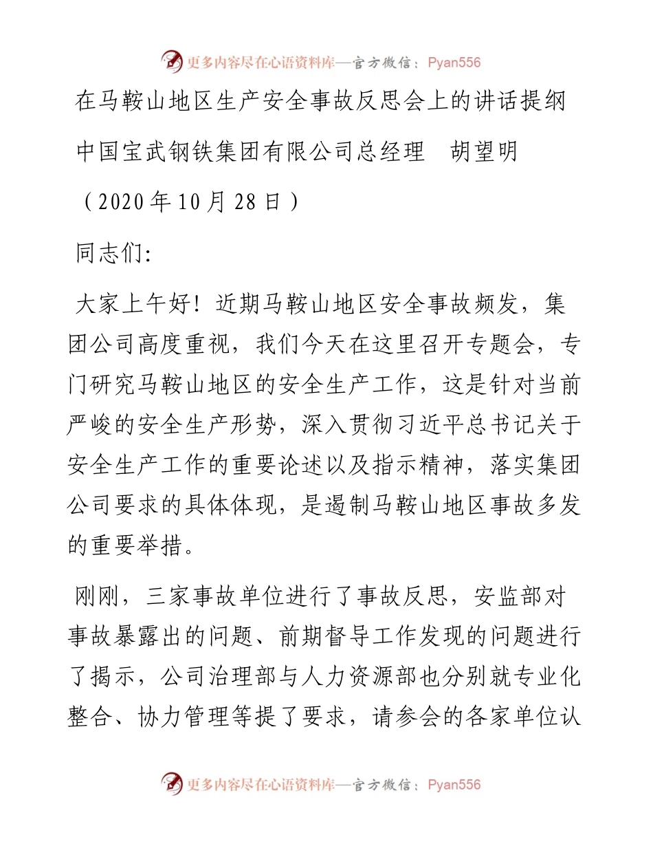 范文系列841中国宝武钢铁集团有限公司总经理胡望明：在马鞍山地区生产安全事故反思会上的讲话提纲.docx_第1页