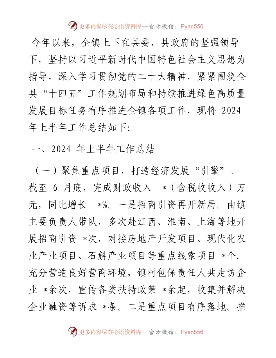 镇人民政府2024年上半年工作总结及下半年工作计划.docx_第1页