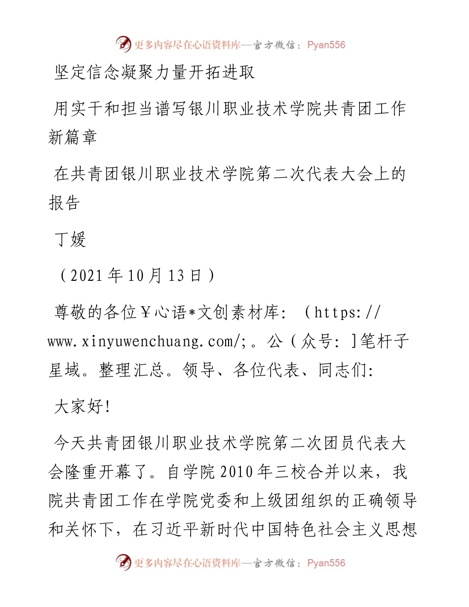 范文系列3490丁媛：在共青团银川职业技术学院第二次代表大会上的报告.docx_第1页