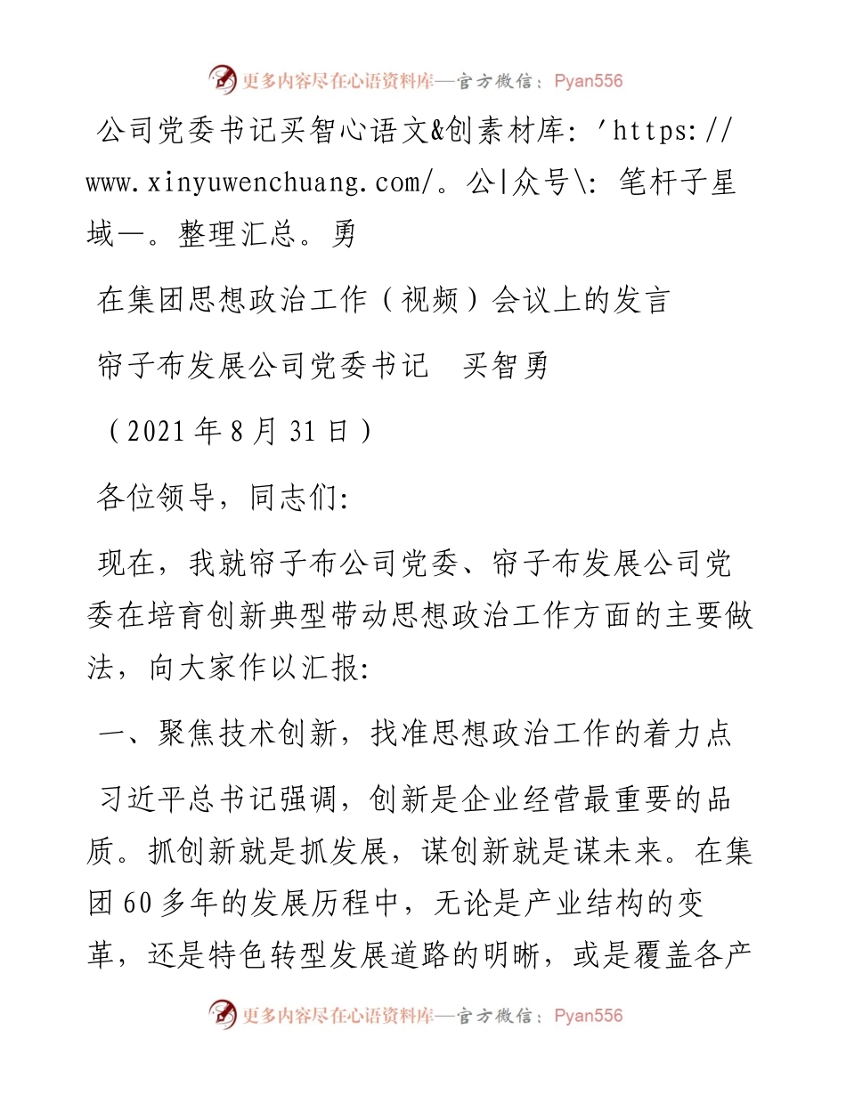 范文系列2072帘子布发展公司党委书记买智勇：在集团思想政治工作（视频）会议上的发言.docx_第1页