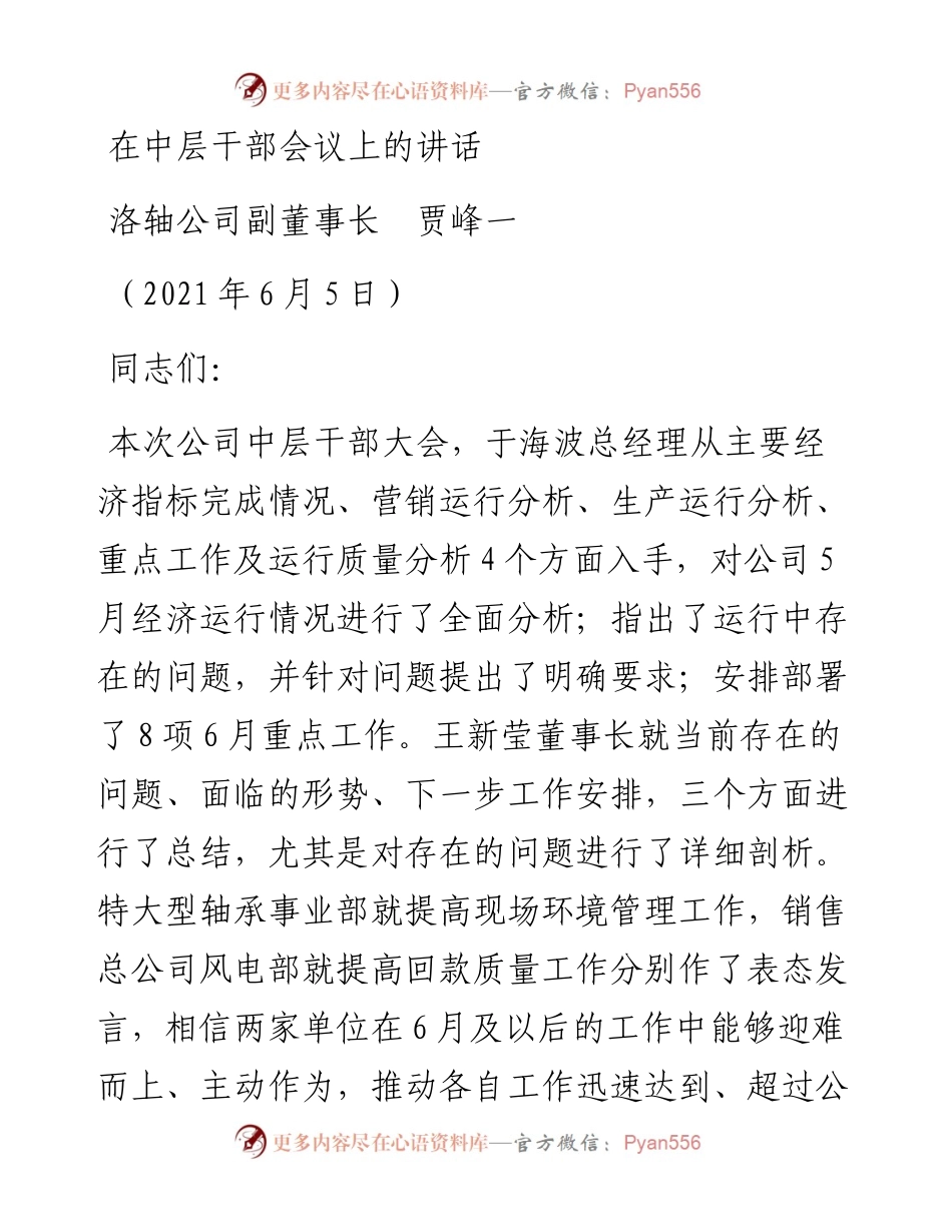 范文系列1782洛轴公司副董事长贾峰一：在中层干部会议上的讲话.docx_第1页
