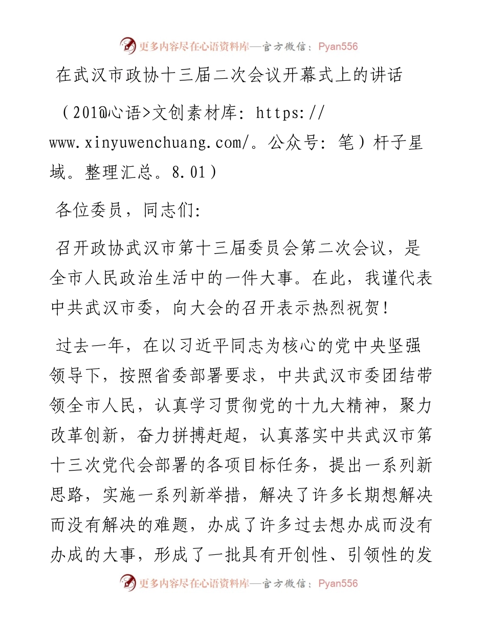 陈一新：在武汉市政协十三届二次会议开幕式上的讲话(1).docx_第1页