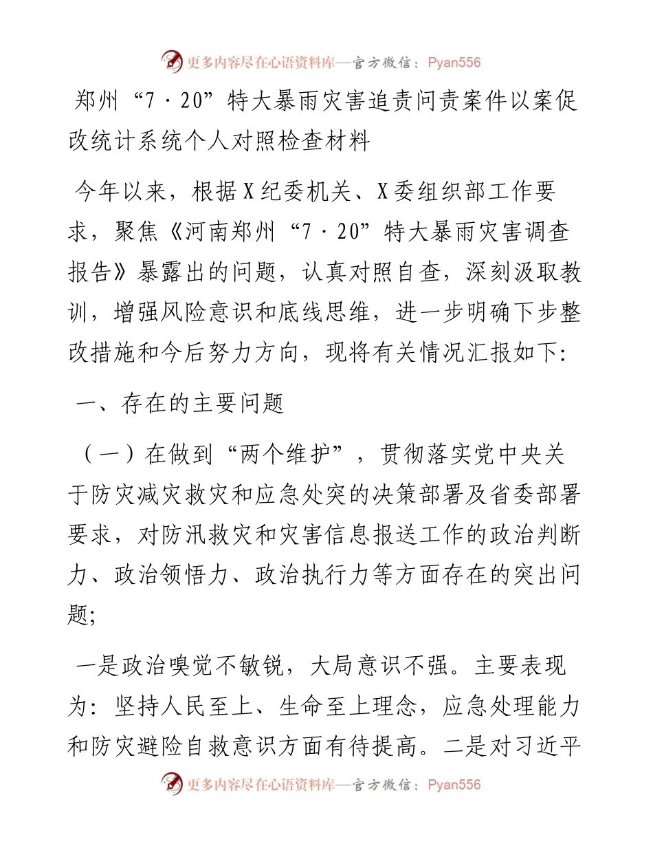 郑州“7·20”特大暴雨灾害追责问责案件以案促改统计系统个人对照检查材料.docx_第1页