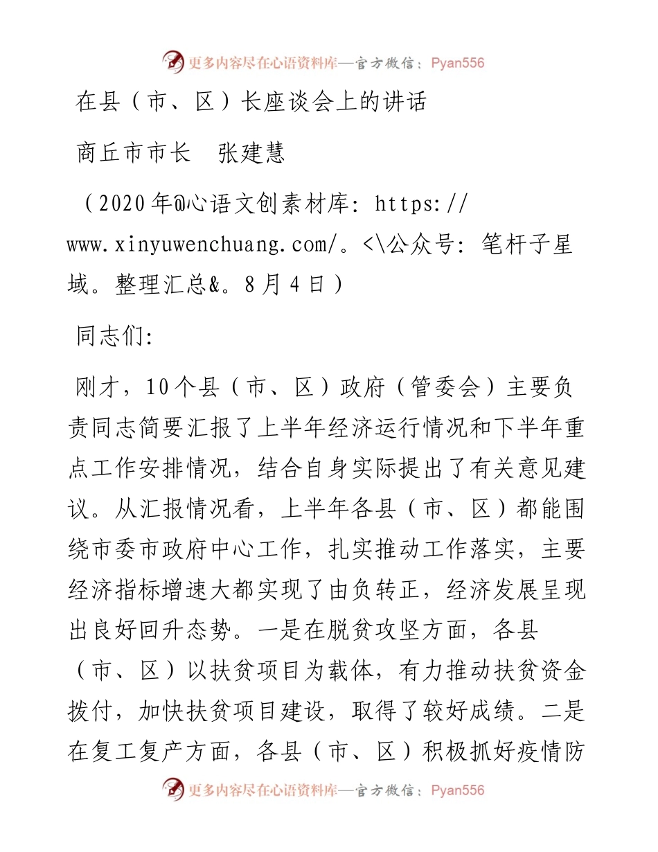 范文系列560商丘市市长张建慧：在县（市、区）长座谈会上的讲话.docx_第1页