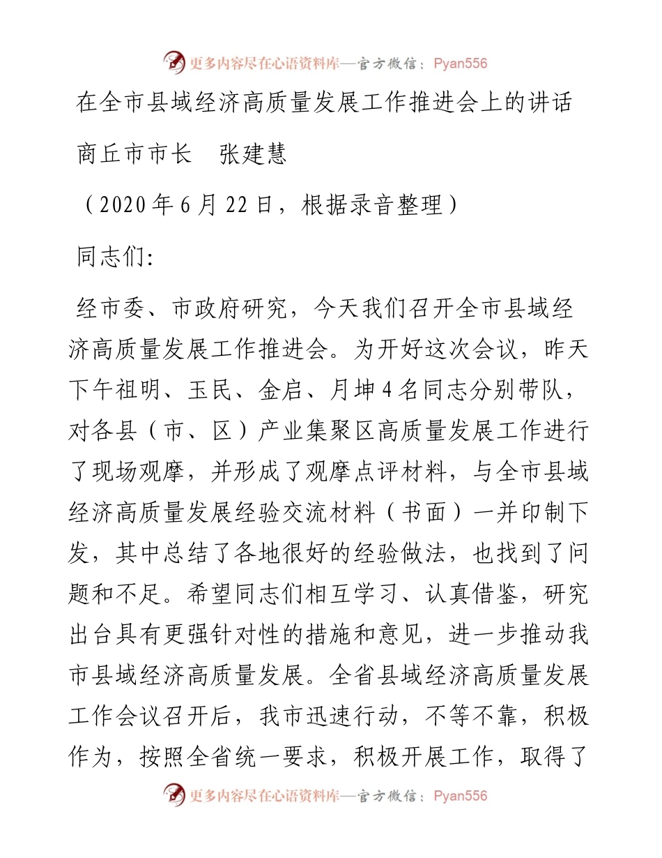 范文系列525商丘市市长张建慧：在全市县域经济高质量发展工作推进会上的讲话.docx_第1页