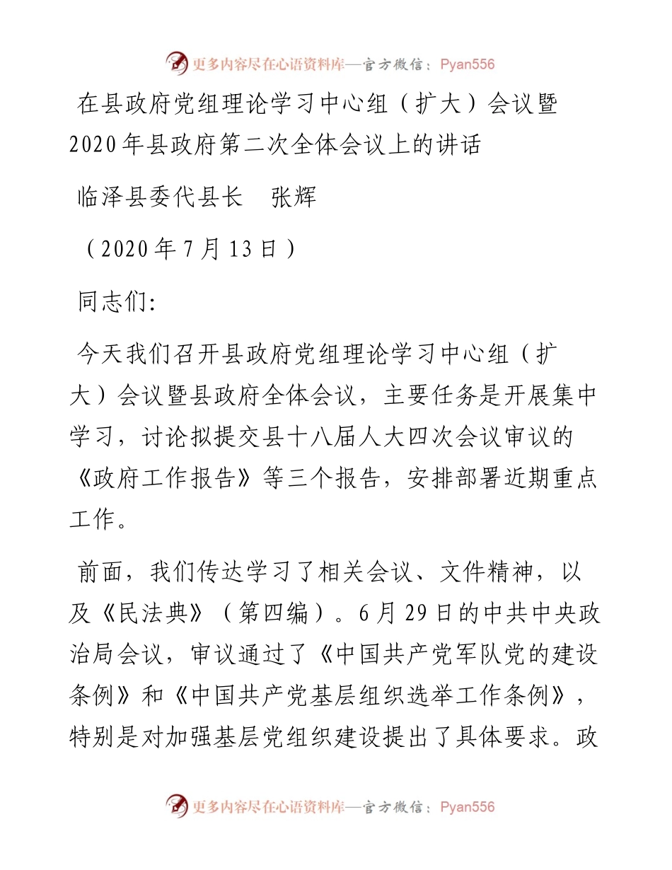 范文系列508临泽县委代县长张辉：在县政府党组理论学习中心组（扩大）会议暨县政府第二次全体会议上的讲话.docx_第1页
