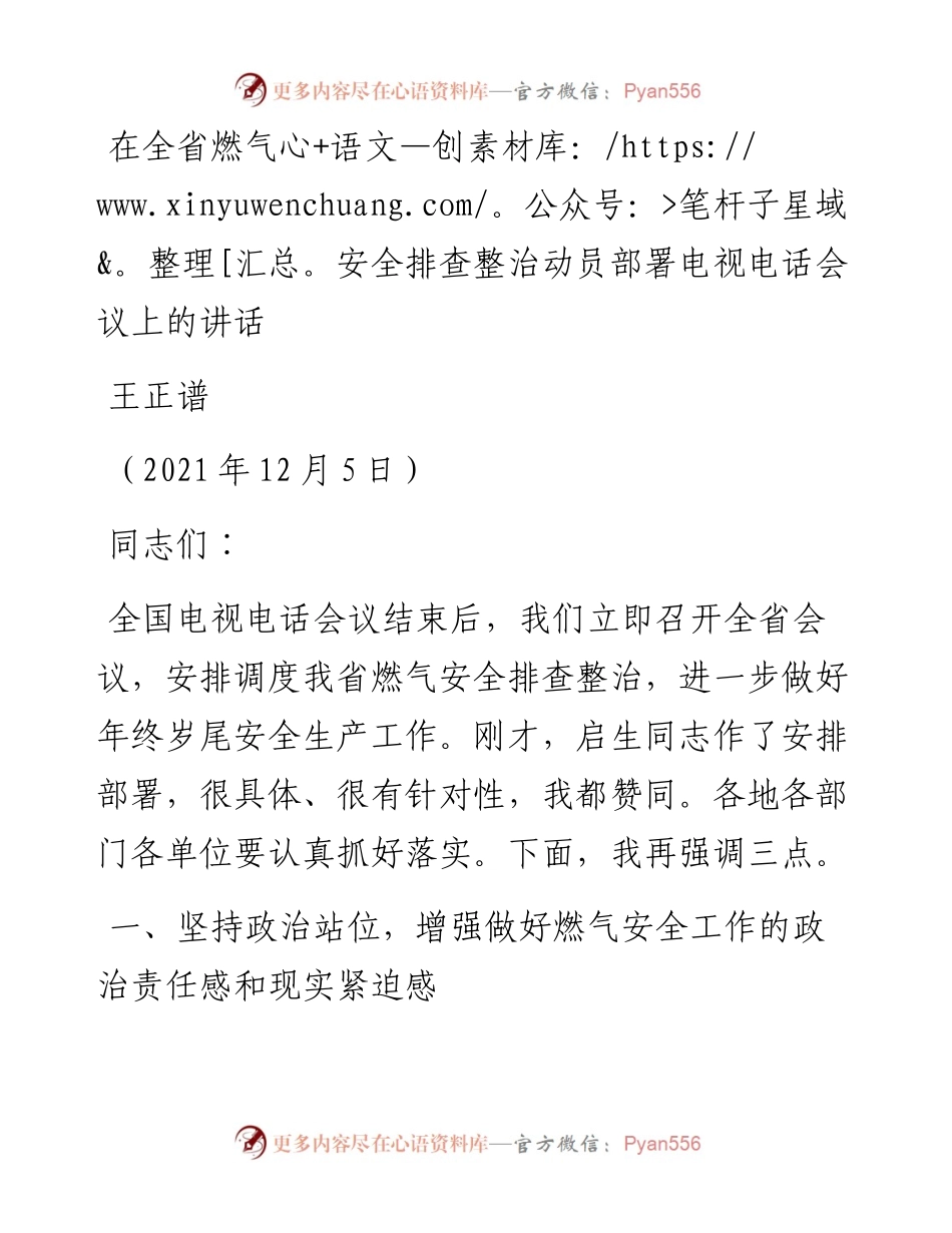 范文系列2721王正谱：在全省燃气安全排查整治动员部署电视电话会议上的讲话.docx_第1页
