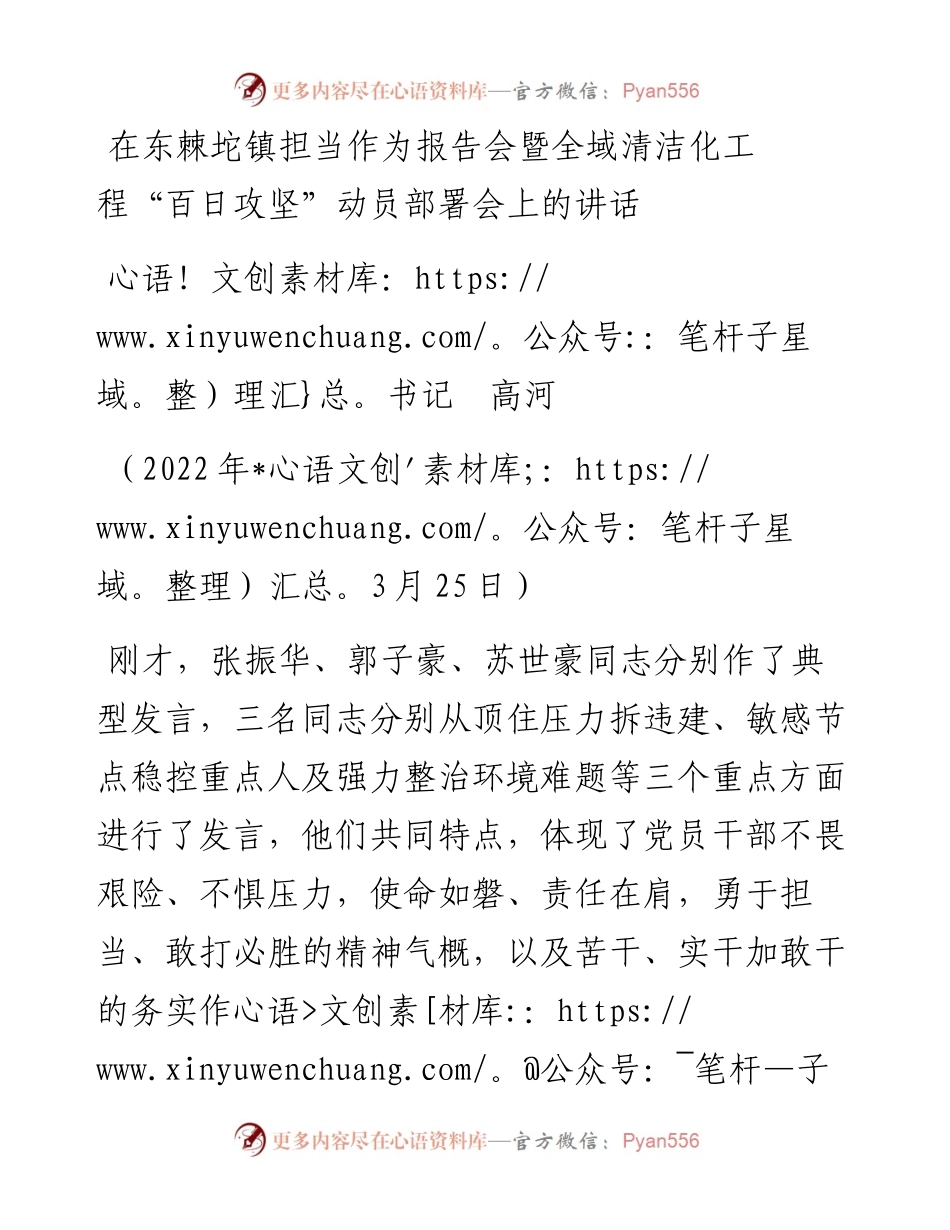 范文系列3461书记高河：在东棘坨镇担当作为报告会暨全域清洁化工程“百日攻坚”动员部署会上的讲话.docx_第1页