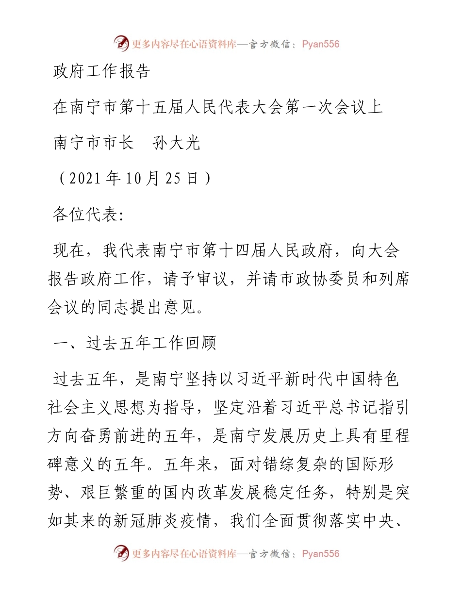 范文系列2428南宁市市长孙大光 ：政府工作报告.docx_第1页