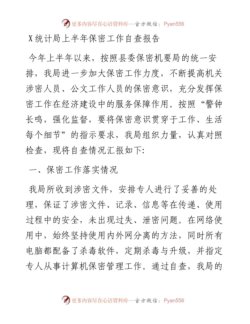 统计局上半年保密工作自查报告.docx_第1页