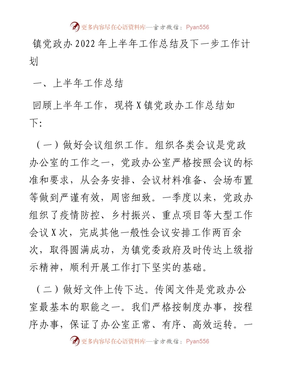 镇党政办上半年工作总结及下一步工作计划.docx_第1页