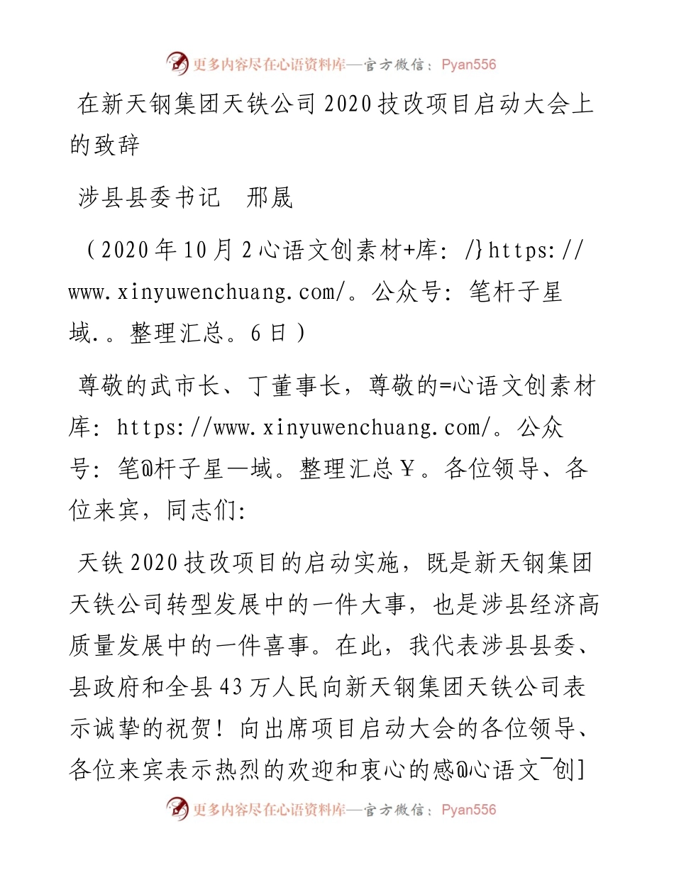范文系列856涉县县委书记邢晟：在新天钢集团天铁公司技改项目启动大会上的致辞.docx_第1页