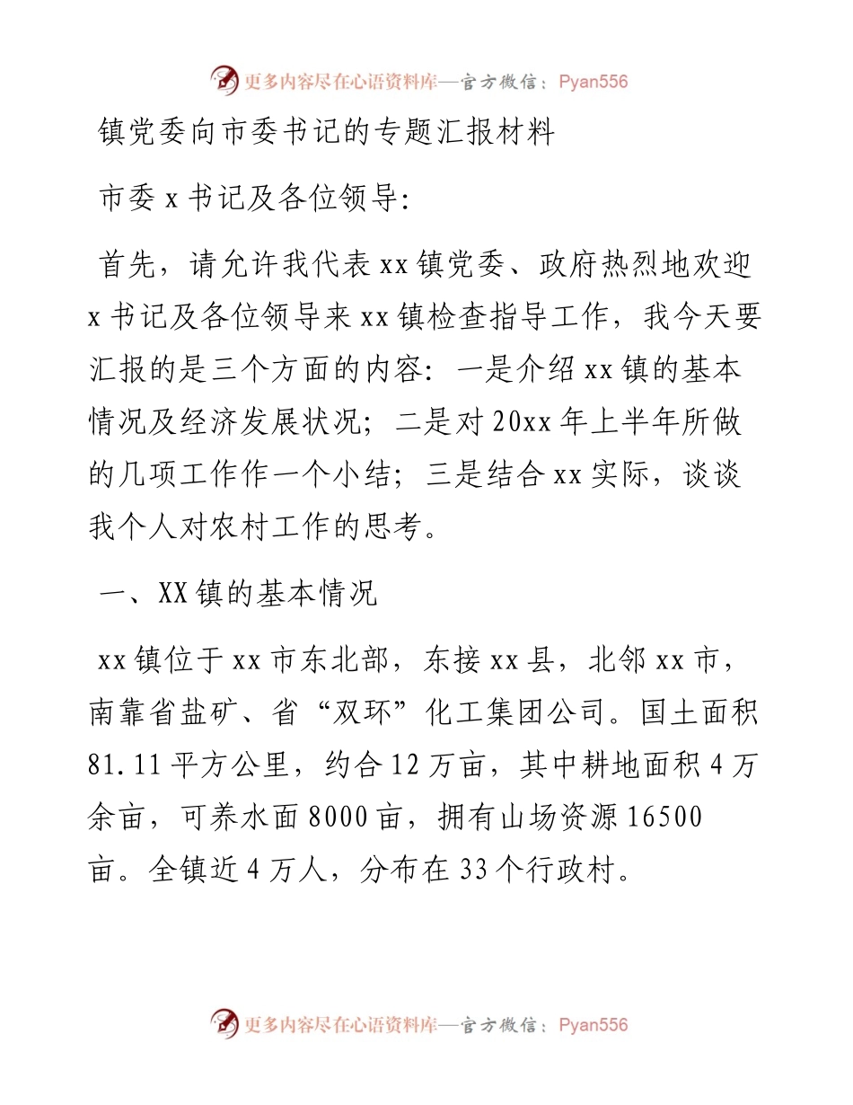 镇党委向市委书记的专题汇报材料.docx_第1页