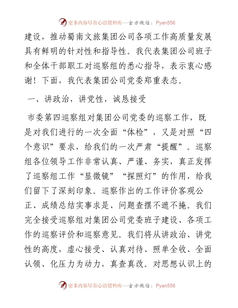 范文系列2139蜀南文旅集团公司董事长张艳丽：在市委第十轮巡察工作反馈会上的表态发言.docx_第2页