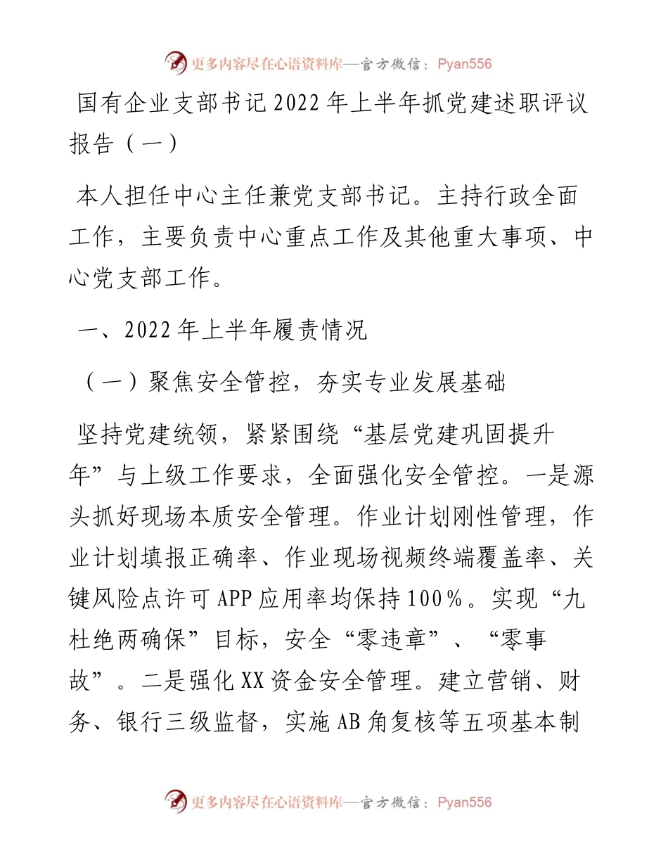 老笔杆子_laobiganzi_国有企业支部书记上半年抓党建述职评议报告（2篇）.docx_第1页