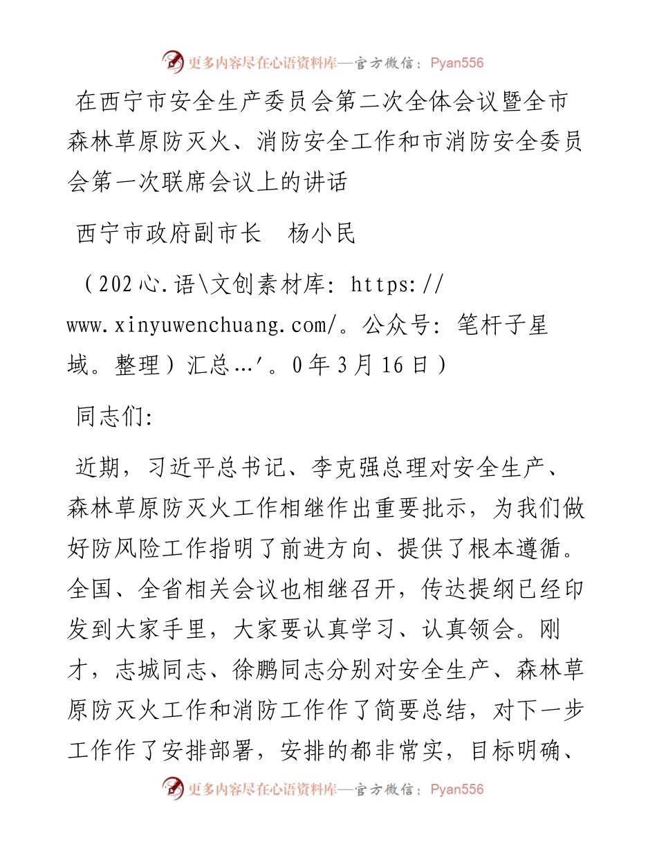 范文系列14西宁市政府副市长杨小民在全市森林草原防灭火、消防安全工作和市消防安全委员会第一次联席会议上的讲话.docx_第1页