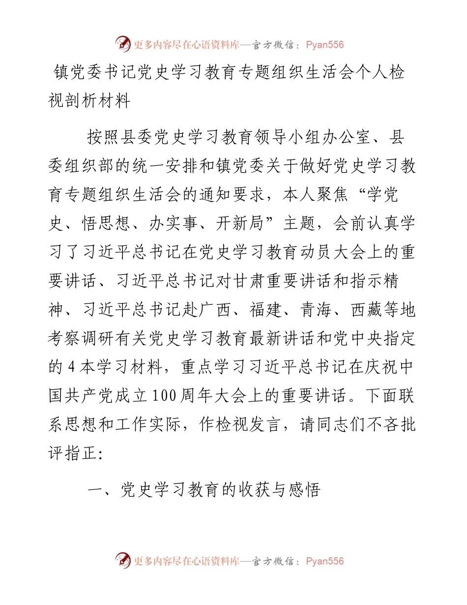 镇党委书记党史学习教育专题组织生活会个人检视剖析材料(1).docx_第1页