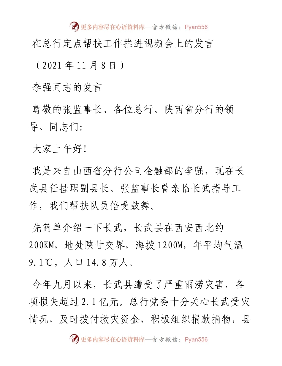 范文系列2600在总行定点帮扶工作推进视频会上的发言.docx_第1页