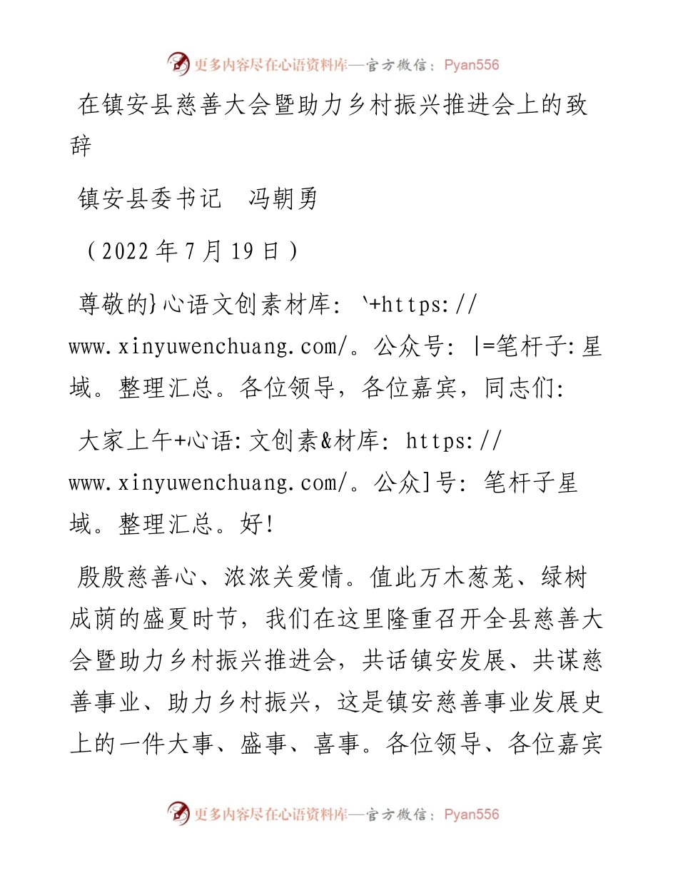 范文系列4288镇安县委书记冯朝勇：在镇安县慈善大会暨助力乡村振兴推进会上的致辞.docx_第1页