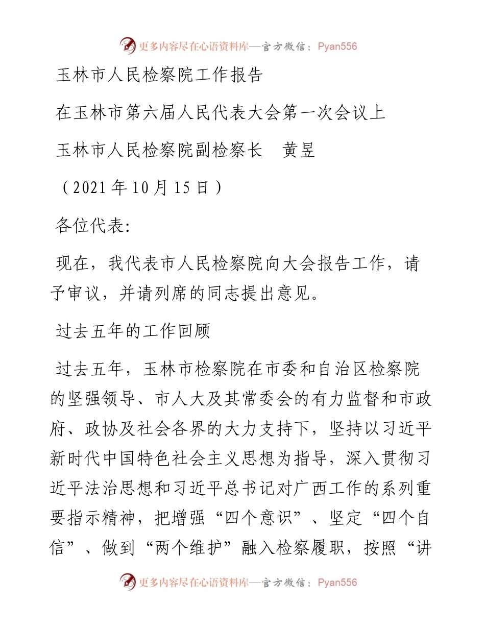 范文系列2432玉林市人民检察院副检察长黄昱：玉林市人民检察院工作报告.docx_第1页