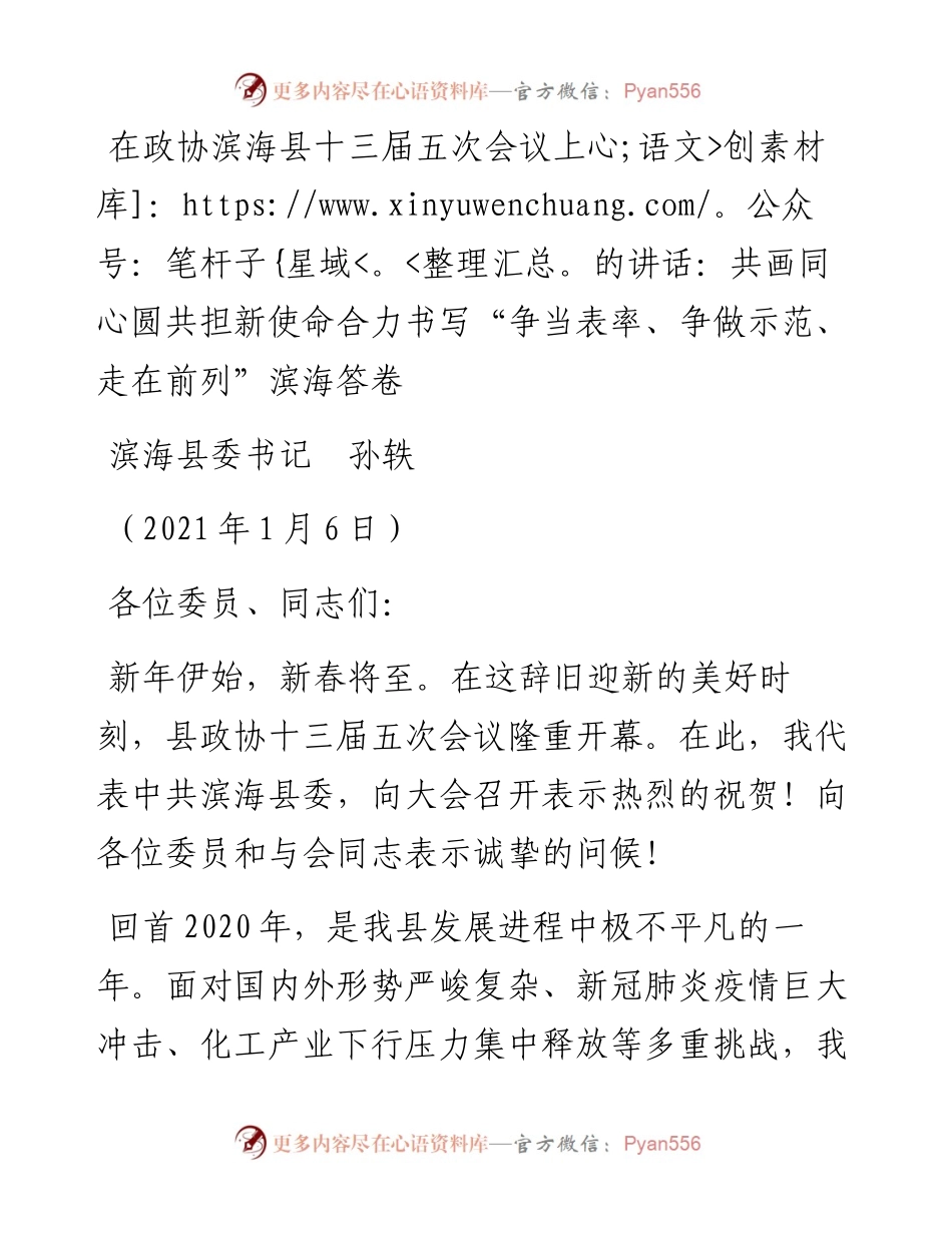 范文系列1037滨海县委书记孙轶：在政协滨海县十三届五次会议上的讲话：共画同心圆共担新使命合力书写“争当表率、争做示范、走在前列”滨海答卷.docx_第1页