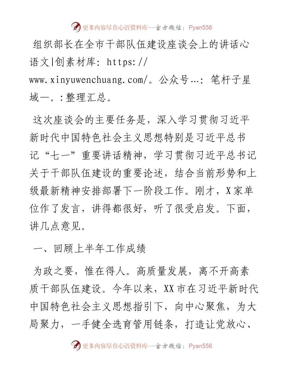 组织部长在全市干部队伍建设座谈会上的讲话.docx_第1页
