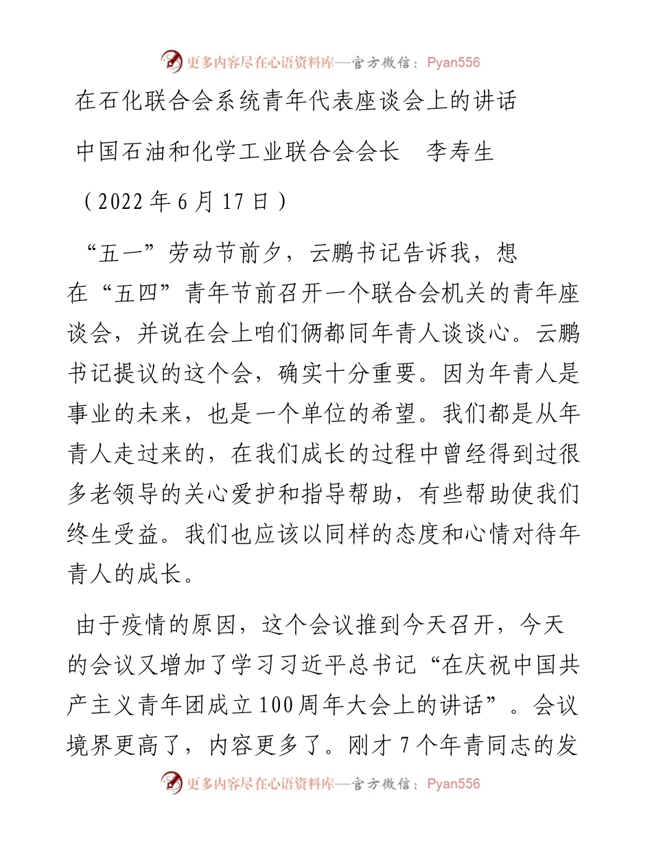 范文系列4048中国石油和化学工业联合会会长李寿生：在石化联合会系统青年代表座谈会上的讲话.docx_第1页
