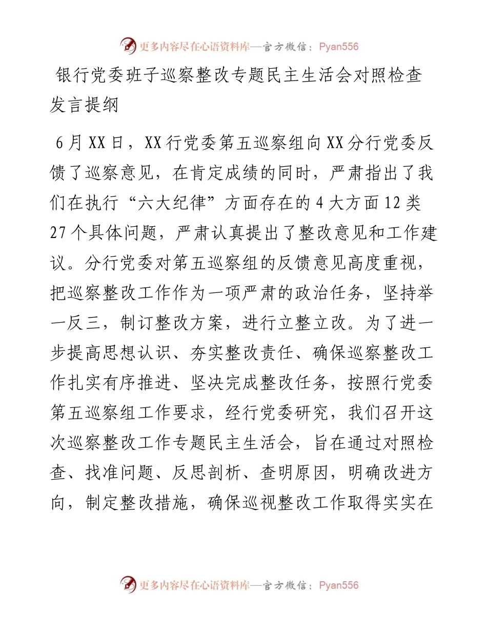 银行党委班子巡察整改专题民主生活会对照检查发言提纲.docx_第1页