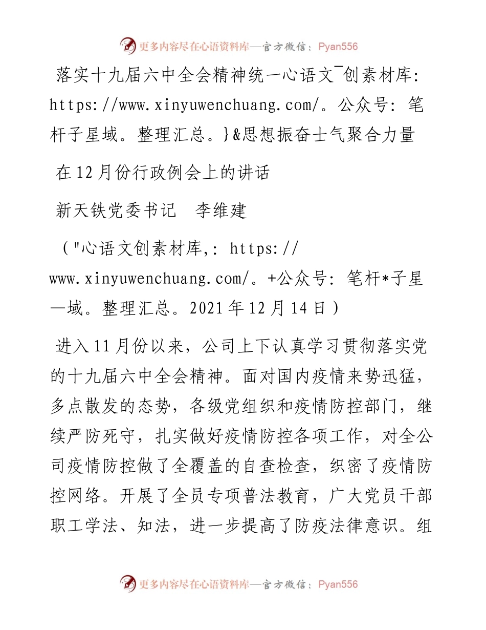 范文系列3029新天铁党委书记李维建：在12月份行政例会上的讲话.docx_第1页