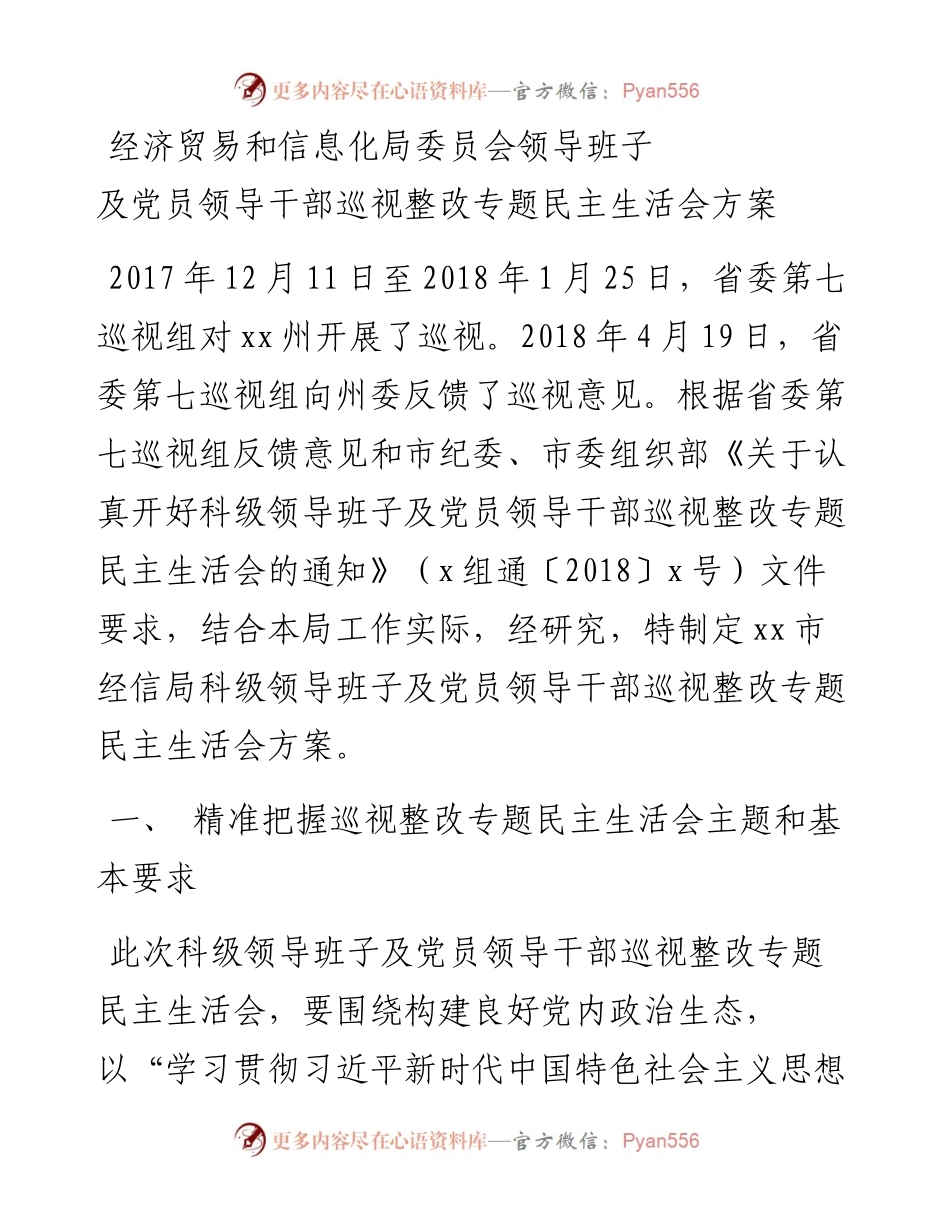 经济贸易和信息化局委员会领导班子及党员领导干部巡视整改专题民主生活会方案.docx_第1页