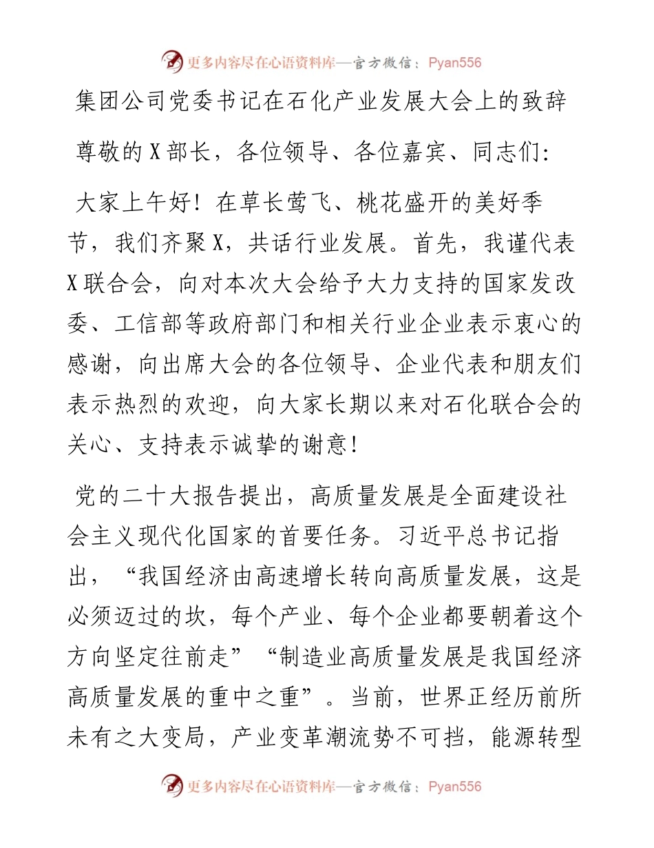集团公司党委书记在石化产业发展大会上的致辞.docx_第1页