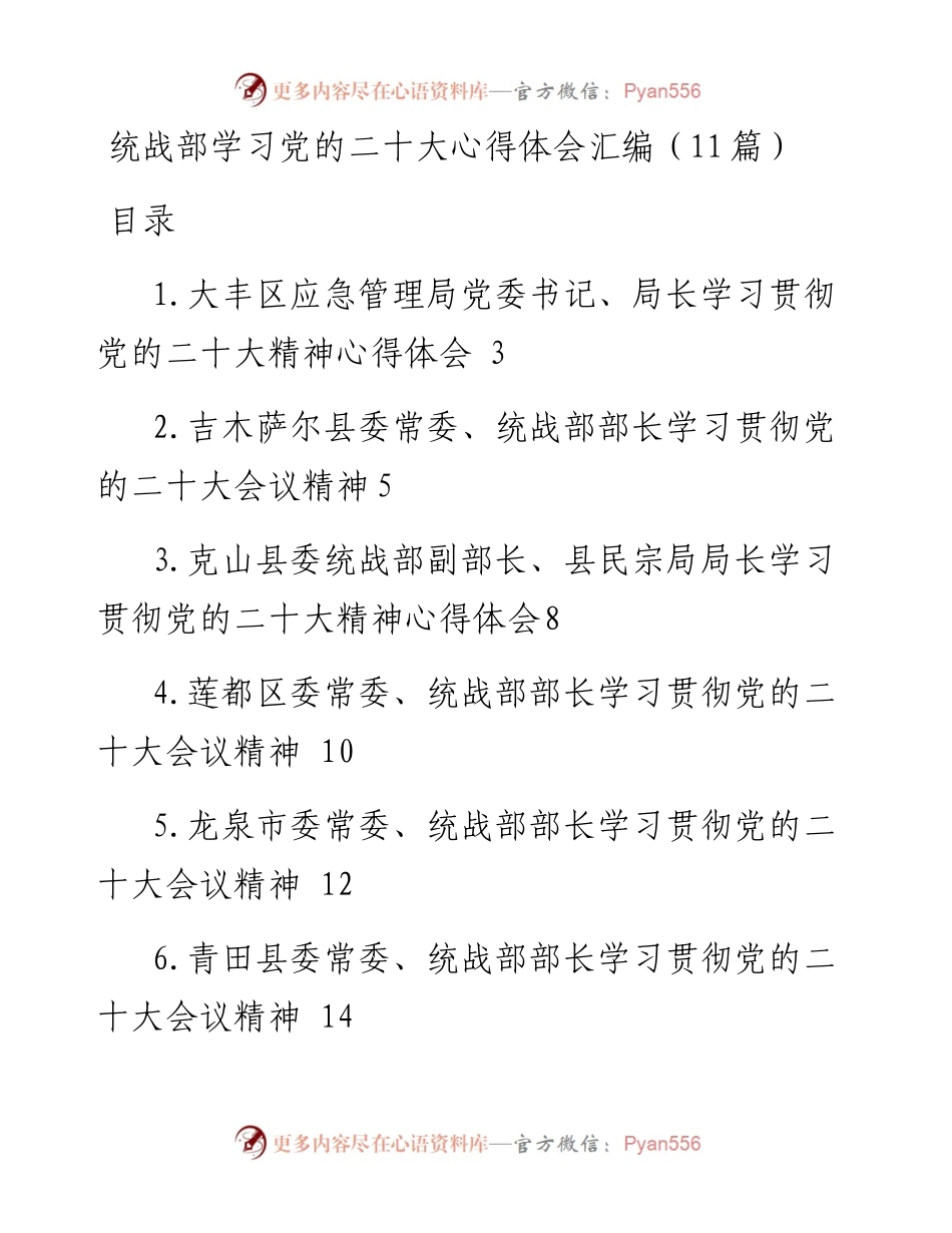 统战部学习党的二十大心得体会汇编（11篇）.docx_第1页