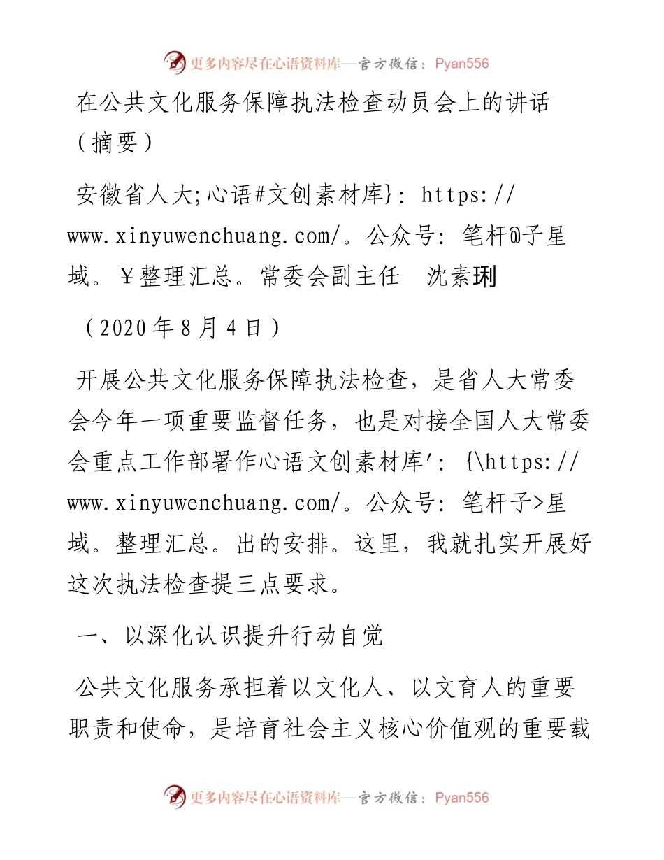 范文系列585安徽省人大常委会副主任沈素琍：在公共文化服务保障执法检查动员会上的讲话（摘要）.docx_第1页