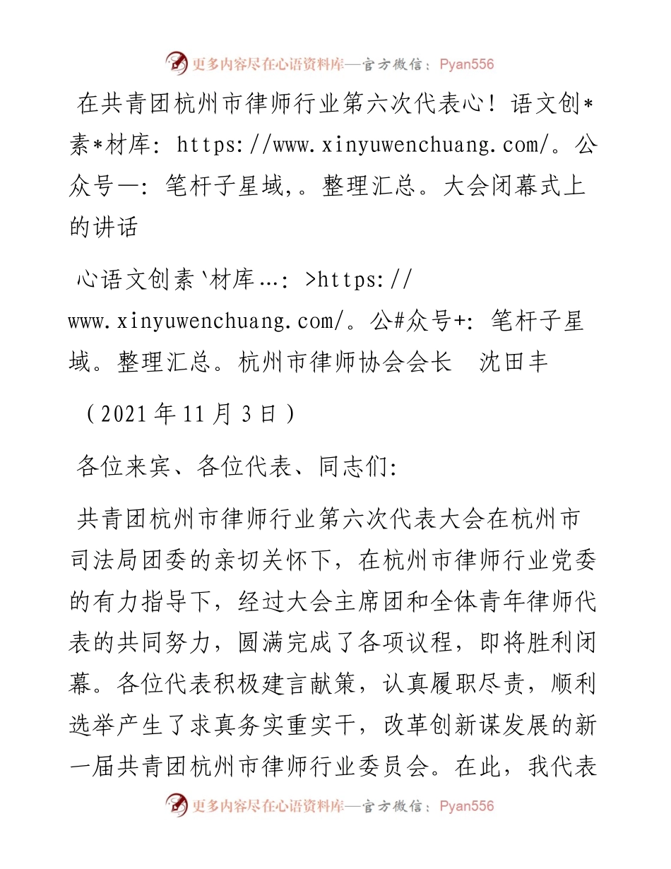 范文系列2486杭州市律师协会会长沈田丰：在共青团杭州市律师行业第六次代表大会闭幕式上的讲话.docx_第1页